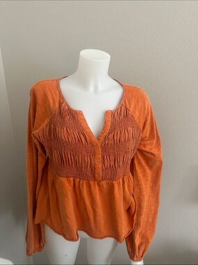 Hem & Thread Orange Smocked Button-Front Peasant Blouse